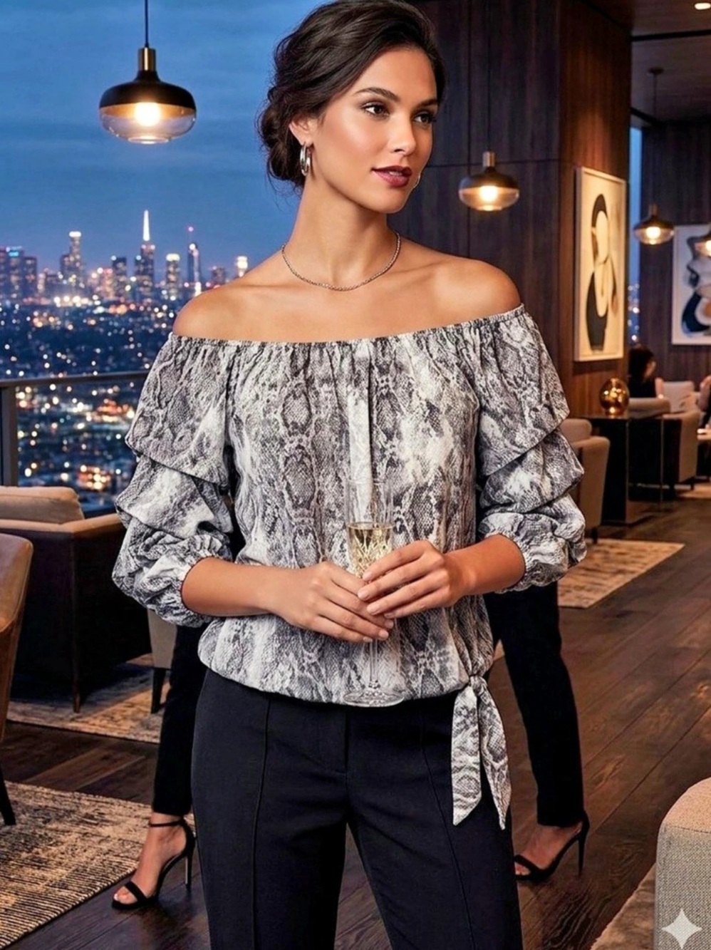 Vince Camuto Animal Print Off-Shoulder Blouse in Gray & Black Size Medium